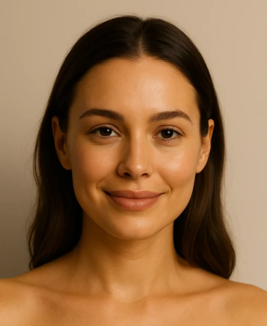 Zarte, natürlich lächelnde Frau mit glatter Haut und harmonischem Gesichtsausdruck – Symbolbild für Marionettenfalten-Unterspritzung mit Hyaluron in Bonn.