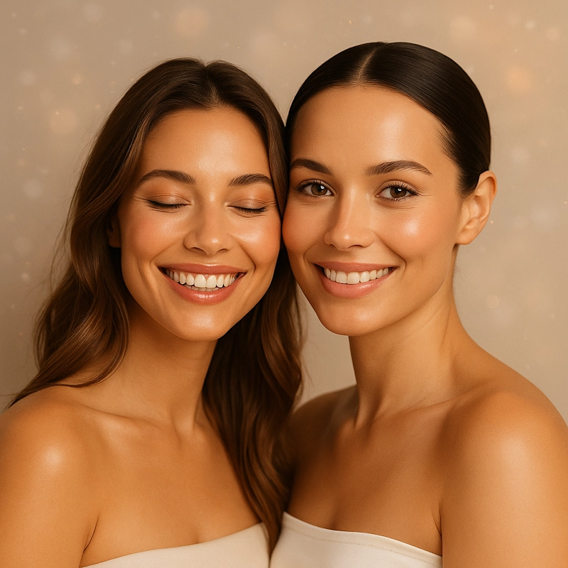 Zwei Frauen bei der WinterGLO20 Aktion von House of GLO Bonn – natürliche Schönheit und Glow im Winter erleben.